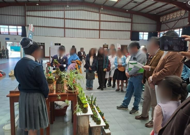 Una estudiante presenta su stand de kokedamas a docentes y familias que la escuchan
